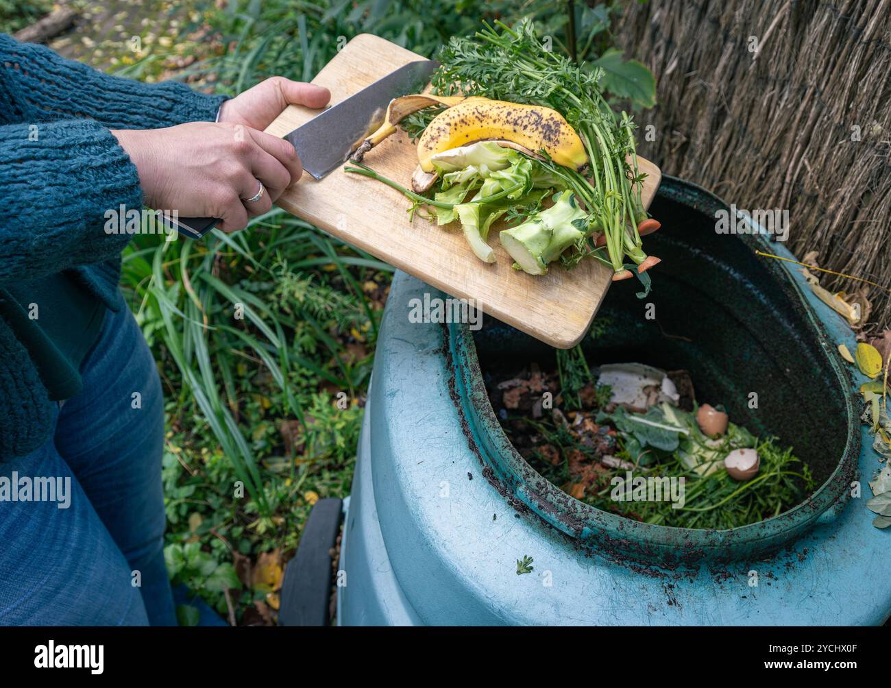 Frau, die biologisch abbaubaren Küchenabfall in einen großen Garten-Kompostbehälter entsorgt Stockfoto