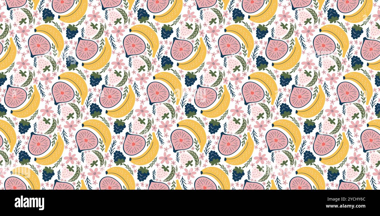 Fröhliches nahtloses Muster mit Bananen, Feigen, Brombeeren, weißen Erdbeeren, rosa Blüten, und grüne Blätter. Moderner, organischer Vektor-Stil mit flachen Farben und einem verspielten, kindlichen Design Stock Vektor