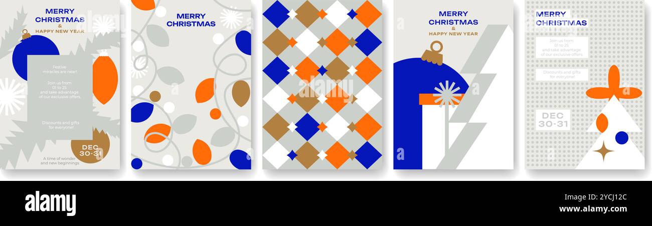 Kollektion minimalistischer Weihnachtskarten. Geometrisches Design, Weihnachtsbäume, Kugeln, Spielzeug, Geschenke. Ideal für Grüße, Geschäfte, Werbung Stock Vektor