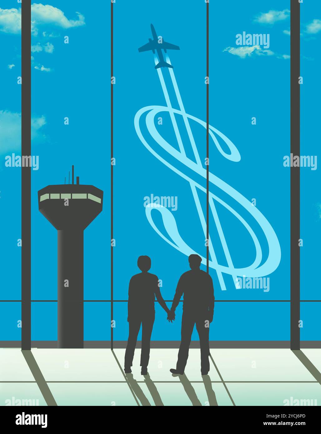 Die Menschen auf einem Flughafen beobachten ein Jet-Flugzeug am Himmel, wie es eine Dampfspur hinterlässt, die wie ein Dollarzeichen in einer Illustration über Flugpreise aussieht. Stockfoto