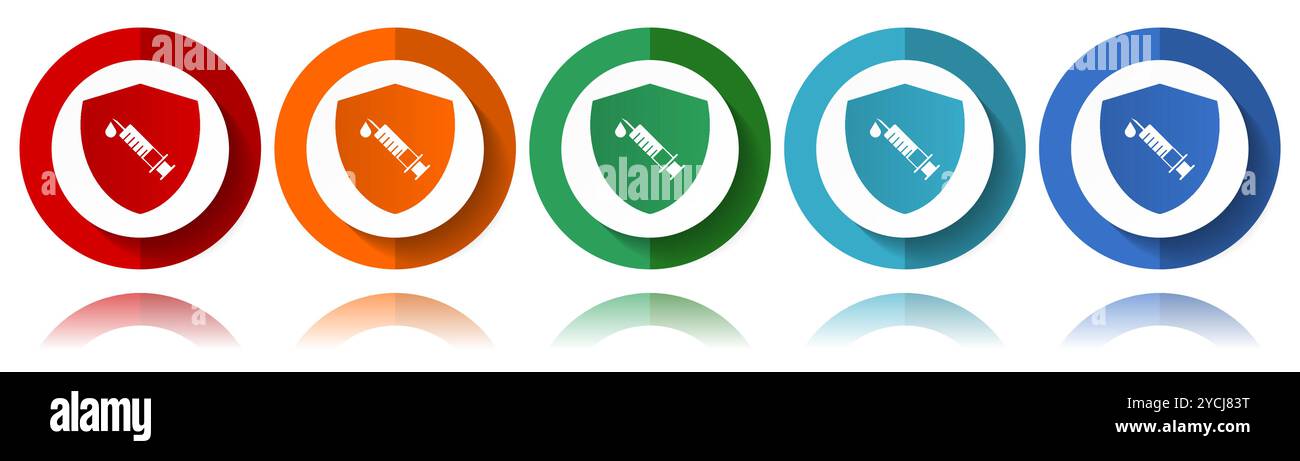 Vaccine Shield Konzept Vektorsymbole, flacher Symbolsatz für Logo-Design, Webdesign und mobile Anwendungen, bunte Web Button Sammlung in eps 10 Stock Vektor