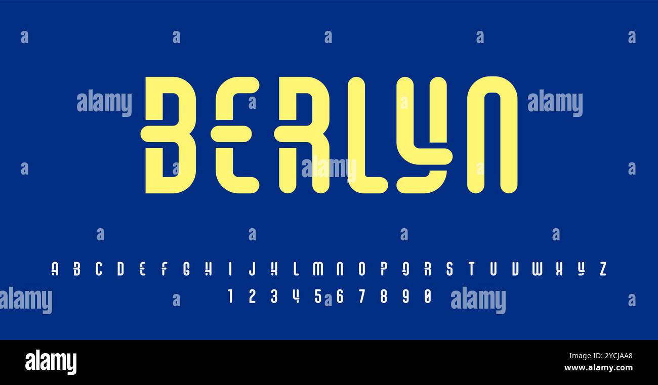 Berlyn Modern ist eine schlanke, kompakte, kondensierte Schrift mit klaren Linien und minimalistischem Design, ideal für modernes Branding, Schlagzeilen und stilvolles layo Stock Vektor
