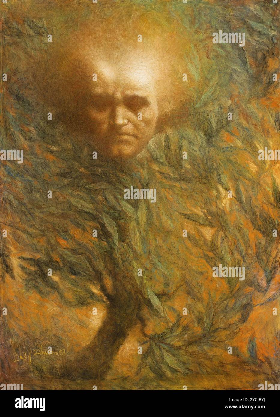 Beethoven-Maske, Paste von Lucien Lévy-Dhurmer. Es zeigt Beethovens Kopf, der sich in einem Lorbeerbaum materialisiert, mit Licht, das von seinem Kopf ausgeht, und symbolisiert sein musikalisches Genie, 1906 Stockfoto