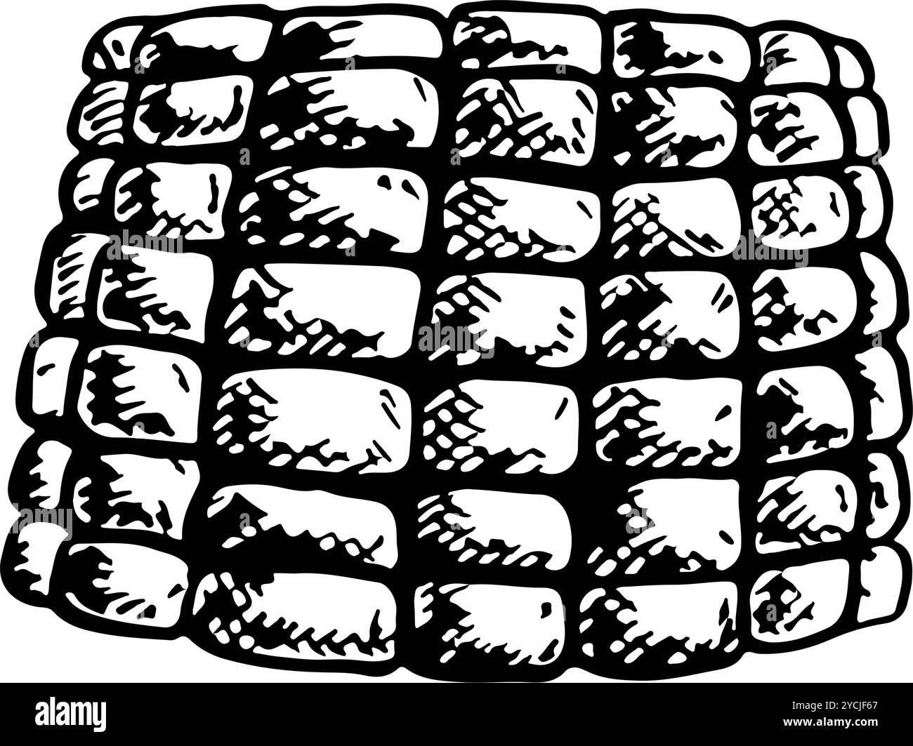 Mais. Vektorgrafiken, die ein ausgeschnittenes Stück Maiskolben darstellen. Eine handgezeichnete Schwarzweiß-Illustration. Auf weißem Hintergrund. Toll für Aufkleber, Ban Stock Vektor