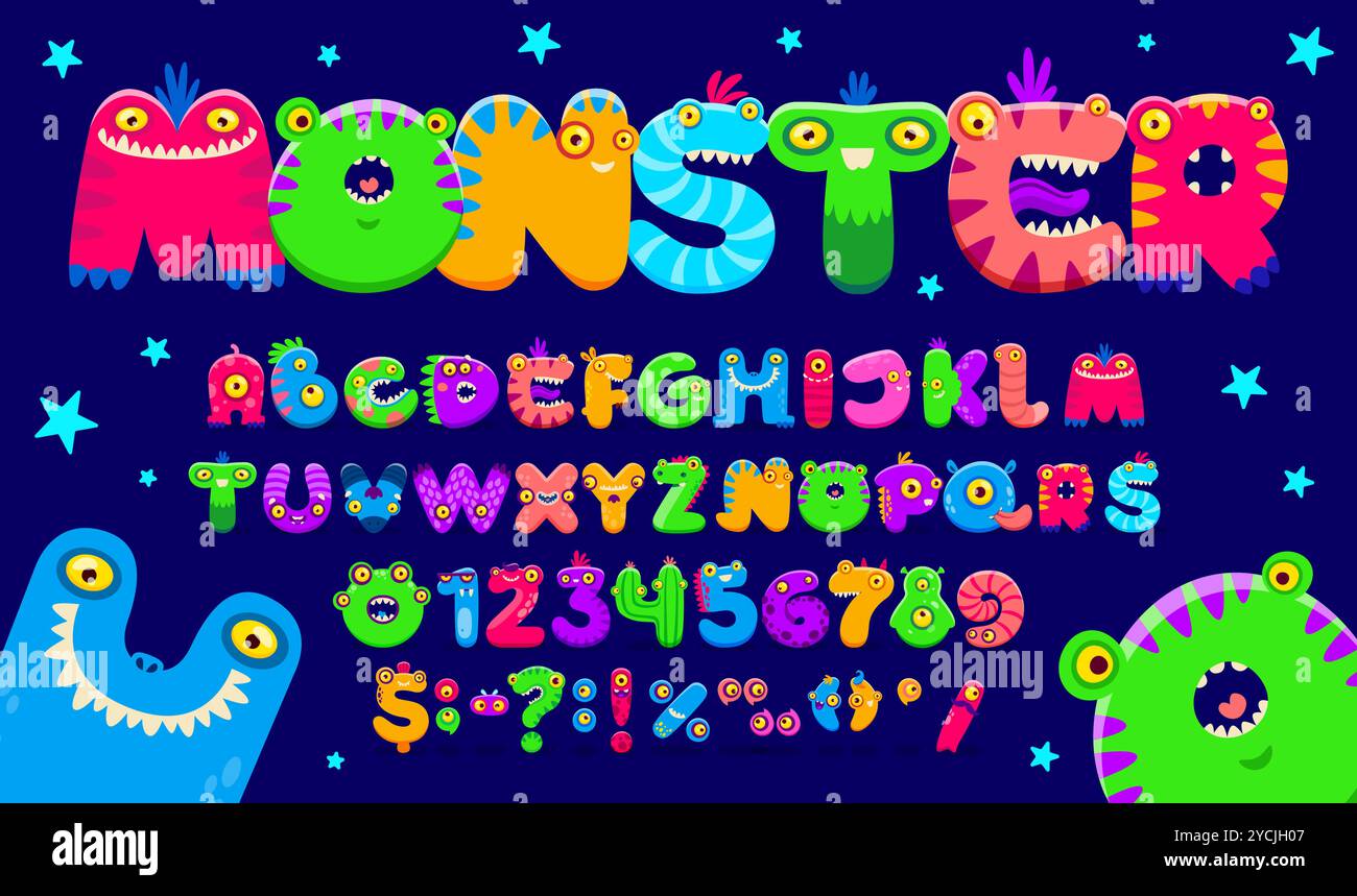 Zeichentrick-Monster-Schriftart, Bugaboo-Schriftart, bogle-Schriftart, Vogelscheuchen-Alphabet-Vektor-Typografie von lustigen Halloween-Außerirdischen, Fantasy-Tieren, Drachen. Niedliche Monster-Figuren in Form von Buchstaben und Zahlen Stock Vektor