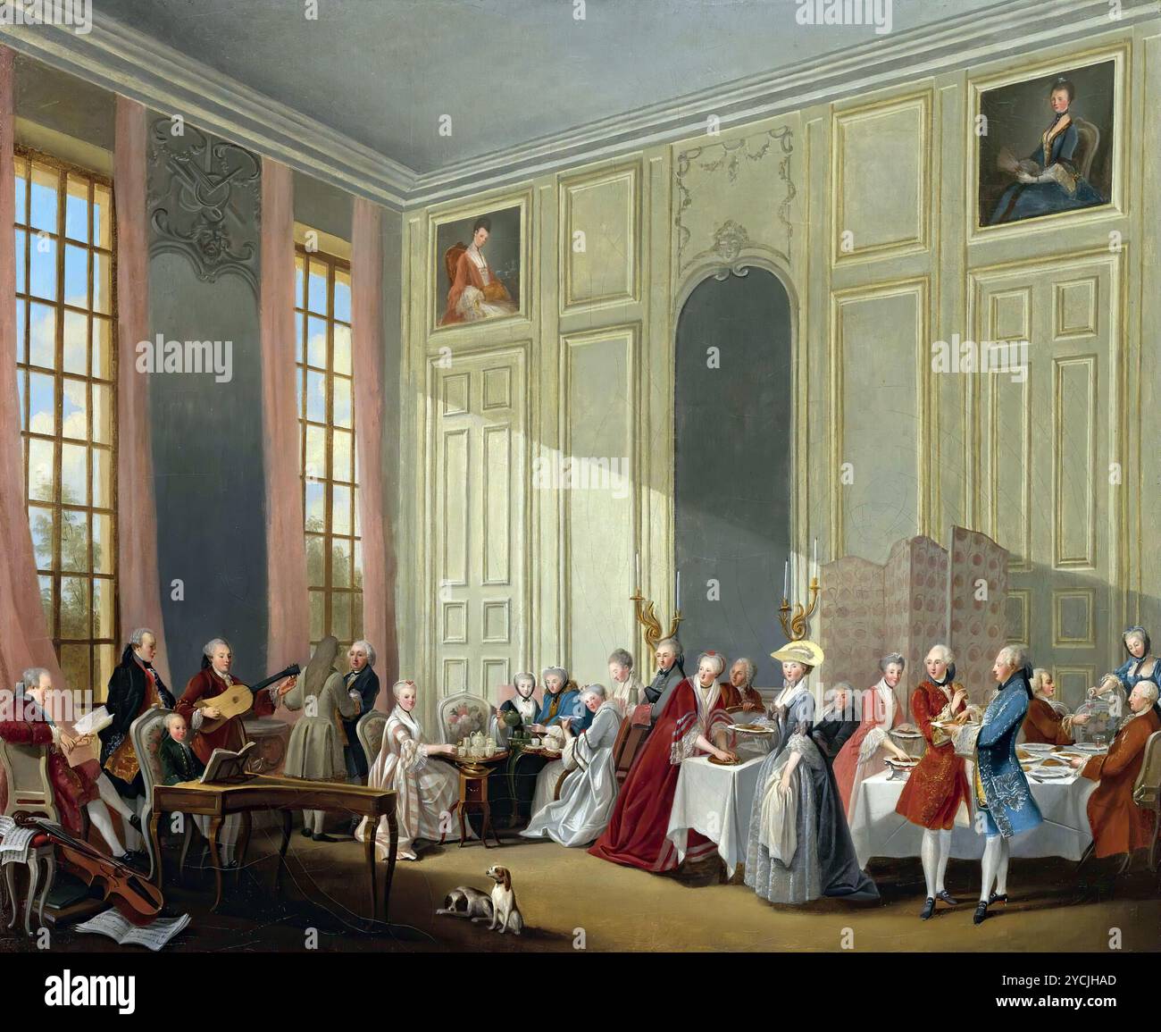 Mozart gibt ein Konzert im Salon des Quatre-Glaces Au Palais DuTemple am Hof des Prinzen de Conti Ollivier, 1770 - Michel-Barthélémy Ollivier (Französisch, 1712-1784) Stockfoto