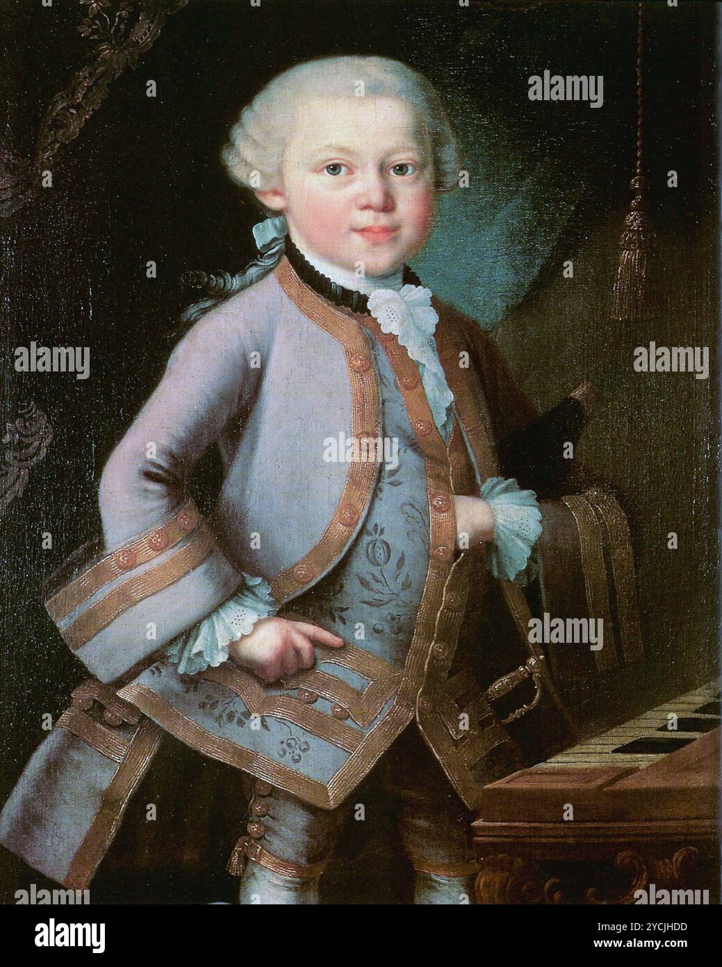 Der Junge Mozart - Antike Ölgemälde Wolfgang Amadeus Mozart - Gemälde im Auftrag von Leopold Mozart. Mozart ist hier sechs Jahre alt. Möglicherweise gemalt von Pietro Antonio Lorenzoni Stockfoto