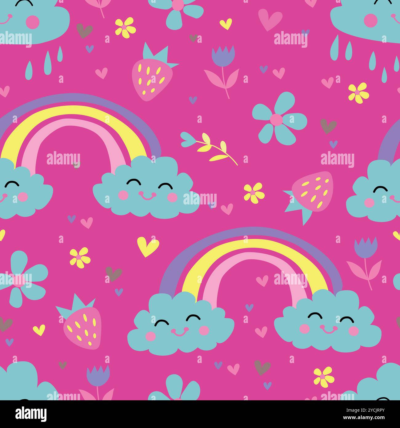 Nahtloses Regenbogenmuster für Kinder. Vektor Hand gezeichneter Regenbogen in Zeichentrick flache Art für Kinder Geschenkpapier, Textil, Tapeten, Drucke, Stoff. Farbenfrohe p Stock Vektor