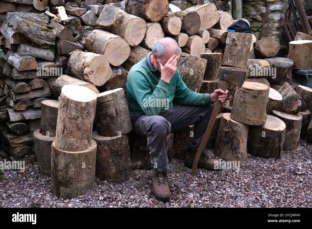 Älterer Mann stapelt Holzscheite für den Winter Großbritannien, Großbritannien Stockfoto