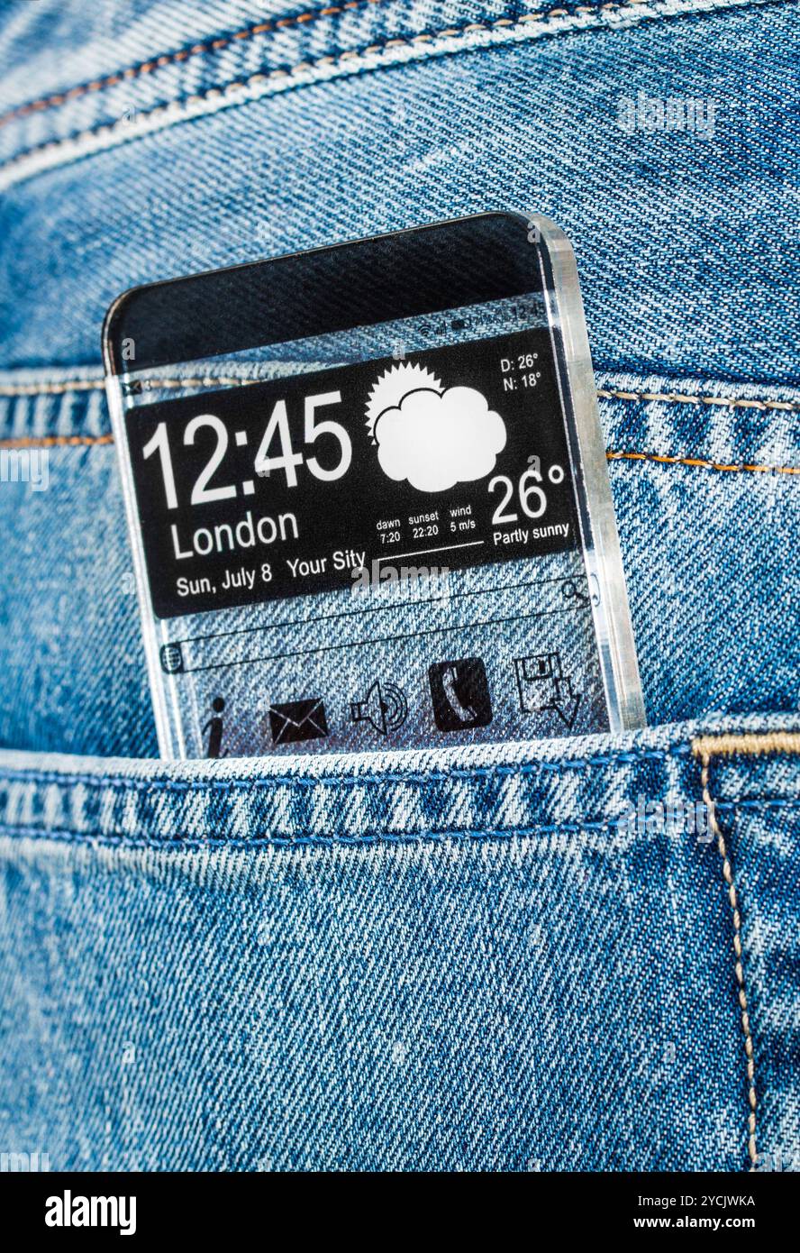 Smartphone mit transparentem Bildschirm in einer Jeanstasche. Stockfoto