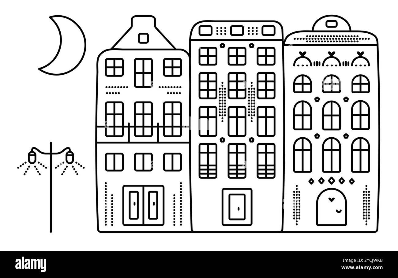 Typisch holländische Architektur, drei Grachtenhäuser im Amsterdamer Stil, Laterne und wachsender Mond. Schwarze Linie Niederlande Gebäude bei Nacht, Vektorillustra Stock Vektor