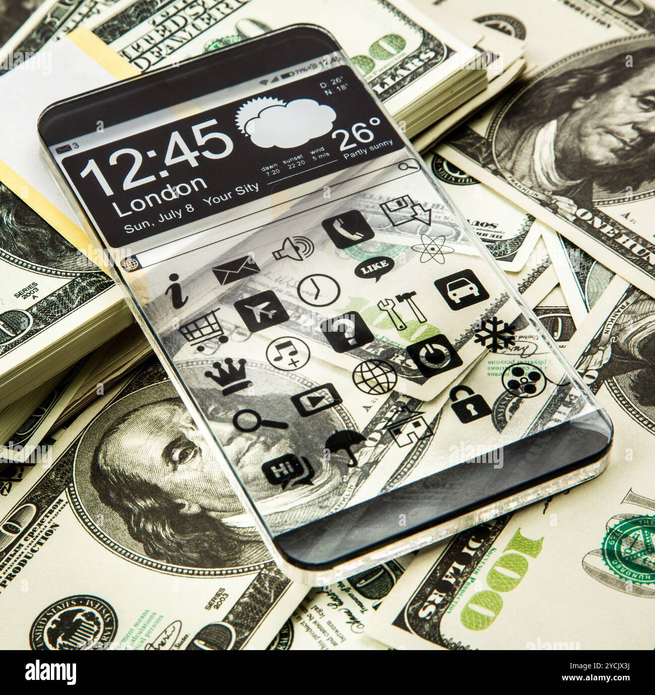 Smartphone mit einem transparenten Display. Stockfoto