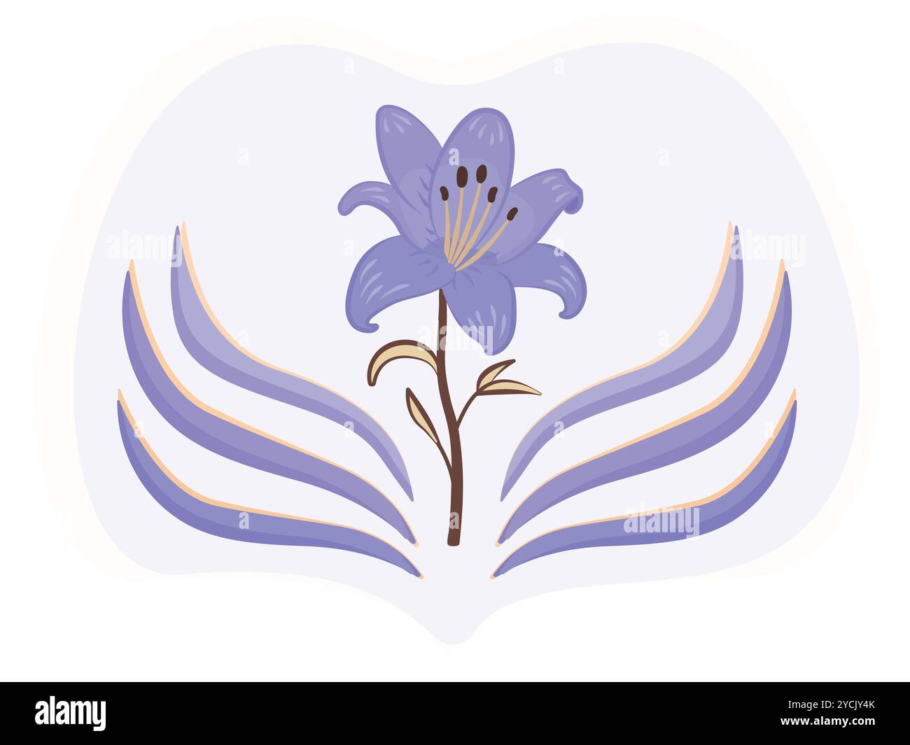Einzelne hellblaue Lilie, magische Blume mit Flügeln, offene Knospe mit Stiel und Blättern, bunte Vektor-Illustration Stock Vektor