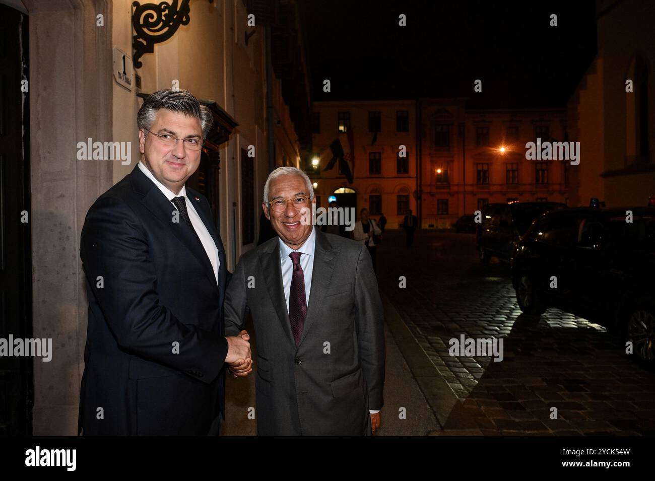 Zagreb, Kroatien. Oktober 2024. Der kroatische Premierminister Andrej Plenkovic empfing am 23. Oktober 2024 den neu gewählten Präsidenten des Europäischen Rates António Costa zu einem offiziellen Besuch in Zagreb, Kroatien. Foto: Josip Regovic/PIXSELL Credit: Pixsell/Alamy Live News Stockfoto