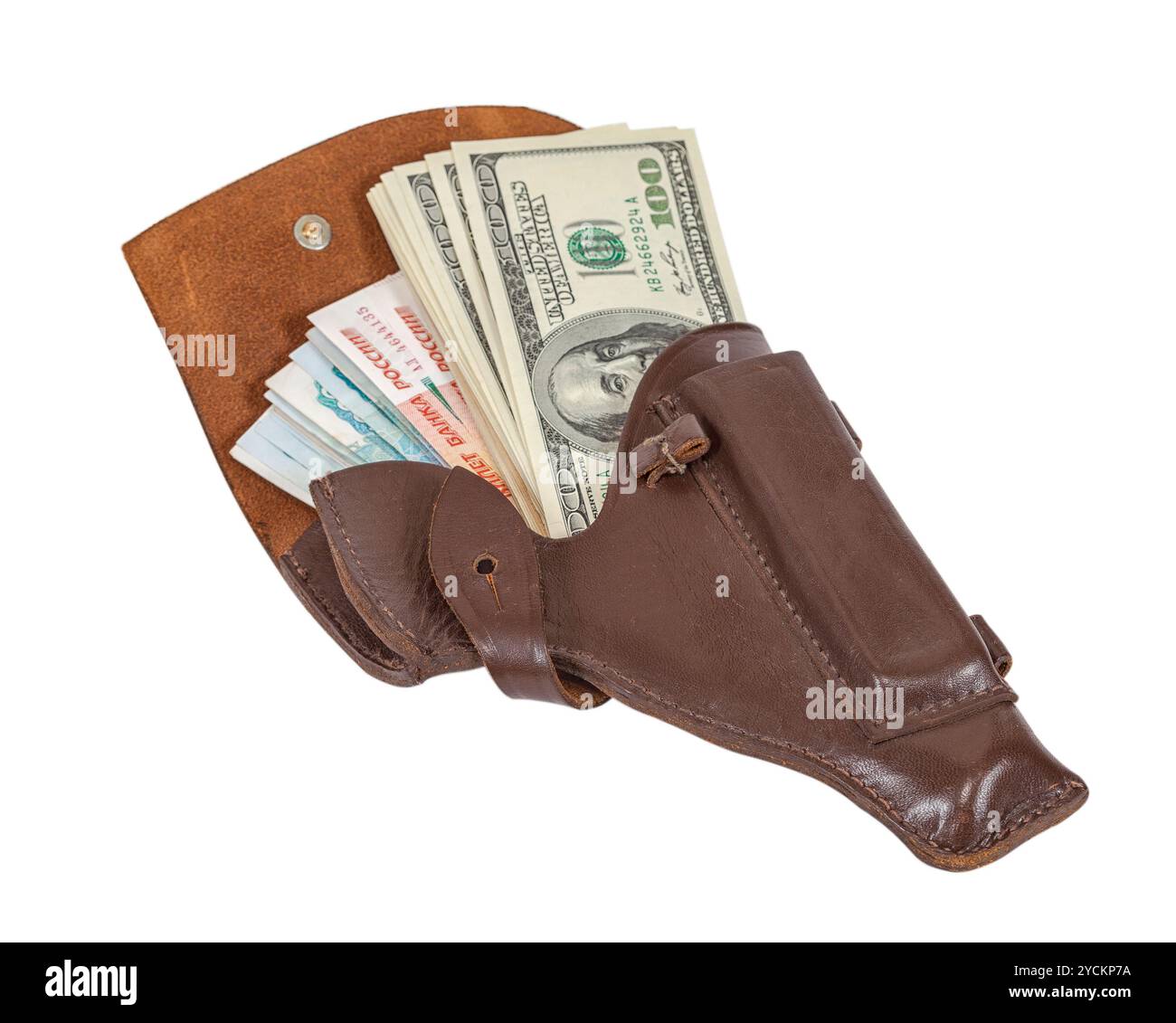 Banknoten in braunem Leder-holster Stockfoto