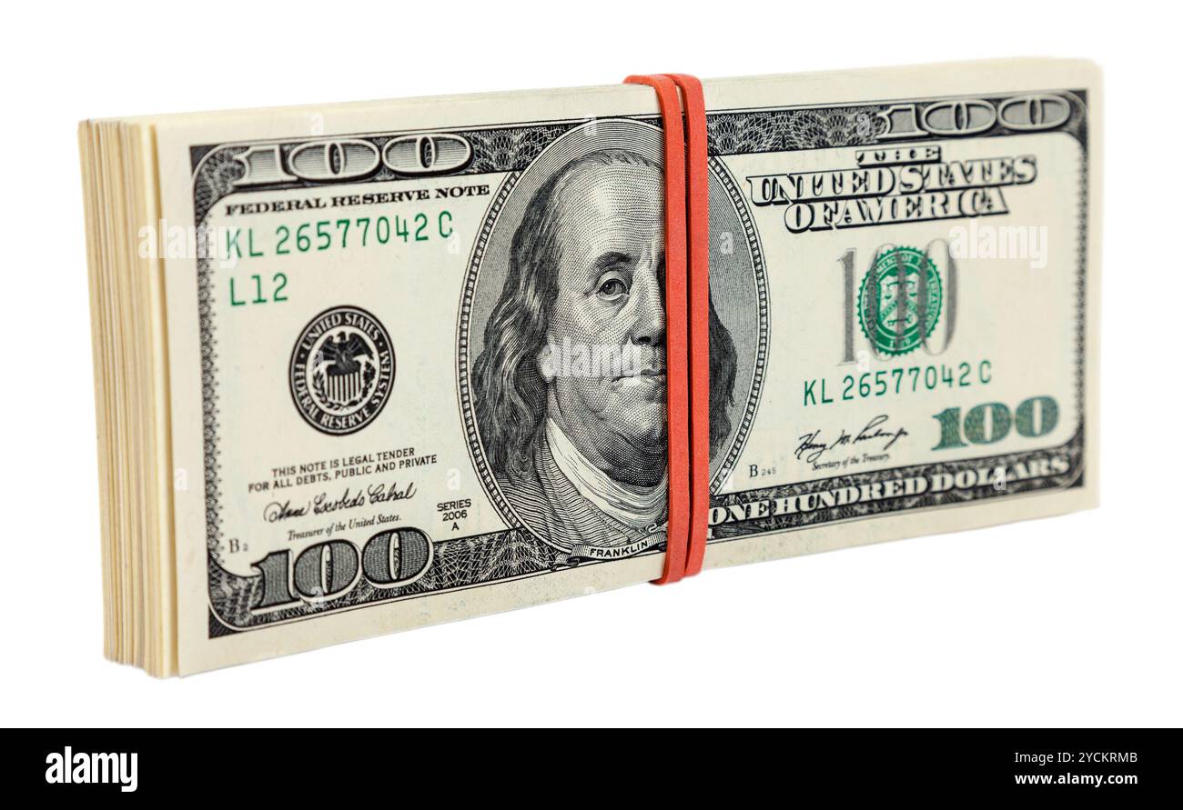 Haufen von hundert-Dollar-Scheine isoliert auf weißem Hintergrund Stockfoto
