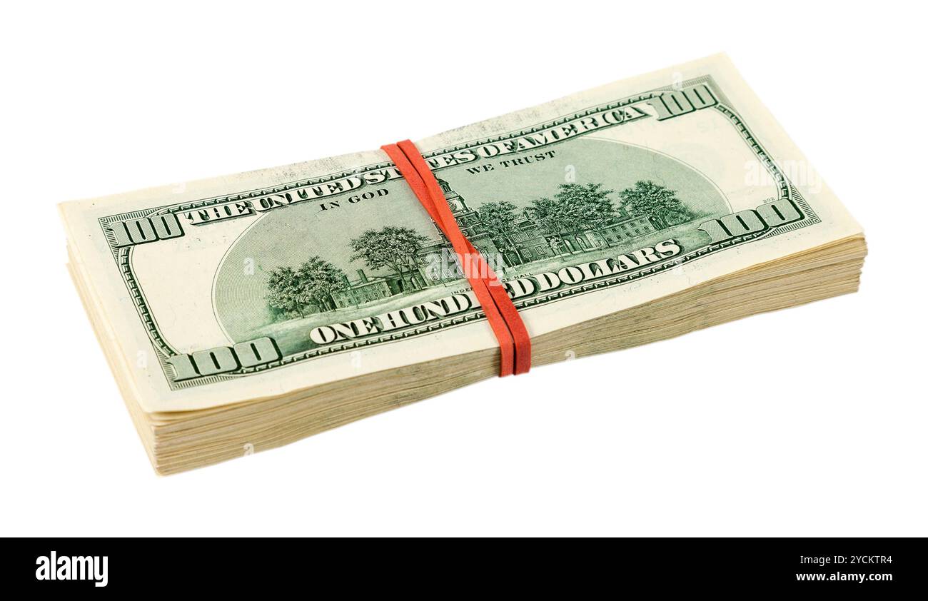 Haufen von hundert-Dollar-Scheine isoliert auf weißem Hintergrund Stockfoto