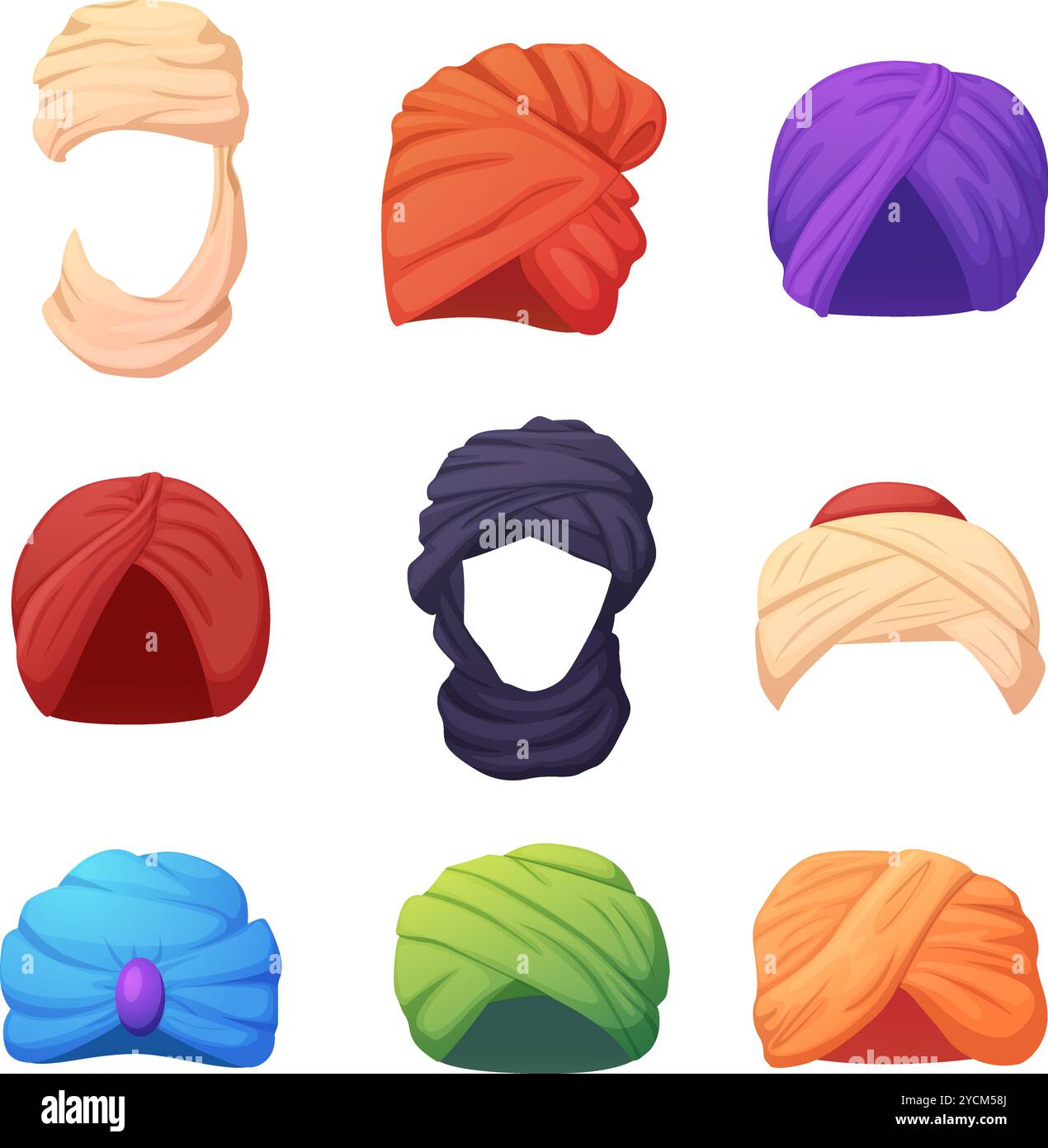 Arabisches Turban-Set. Orientalische traditionelle Tuchelemente, indische arabische Kultur-Dressing. Ethnische Hüte, indischer Kopfschmuck heute Vektor-Clipart Stock Vektor