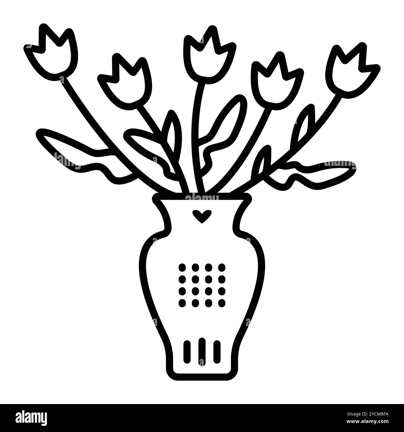 Vase mit fünf Tulpen, Blumenstrauß, einzelne Vektor-schwarze Linie Illustration, bearbeitbarer Kontur, Pixel perfektes Symbol Stock Vektor