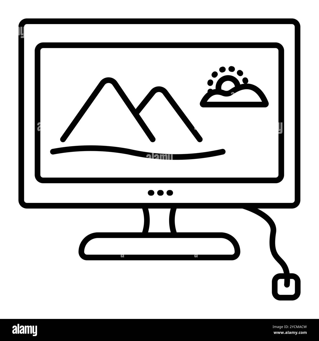 Plasma-Fernseher mit Bildschirmschoner, Standfuß und Kabel. Vorderansicht des Haushaltsgeräts, Symbol für einzelne schwarze Linie mit einem Vektor. Umriss Schwarzweißzeichen, bearbeitbare Kontur, Stock Vektor