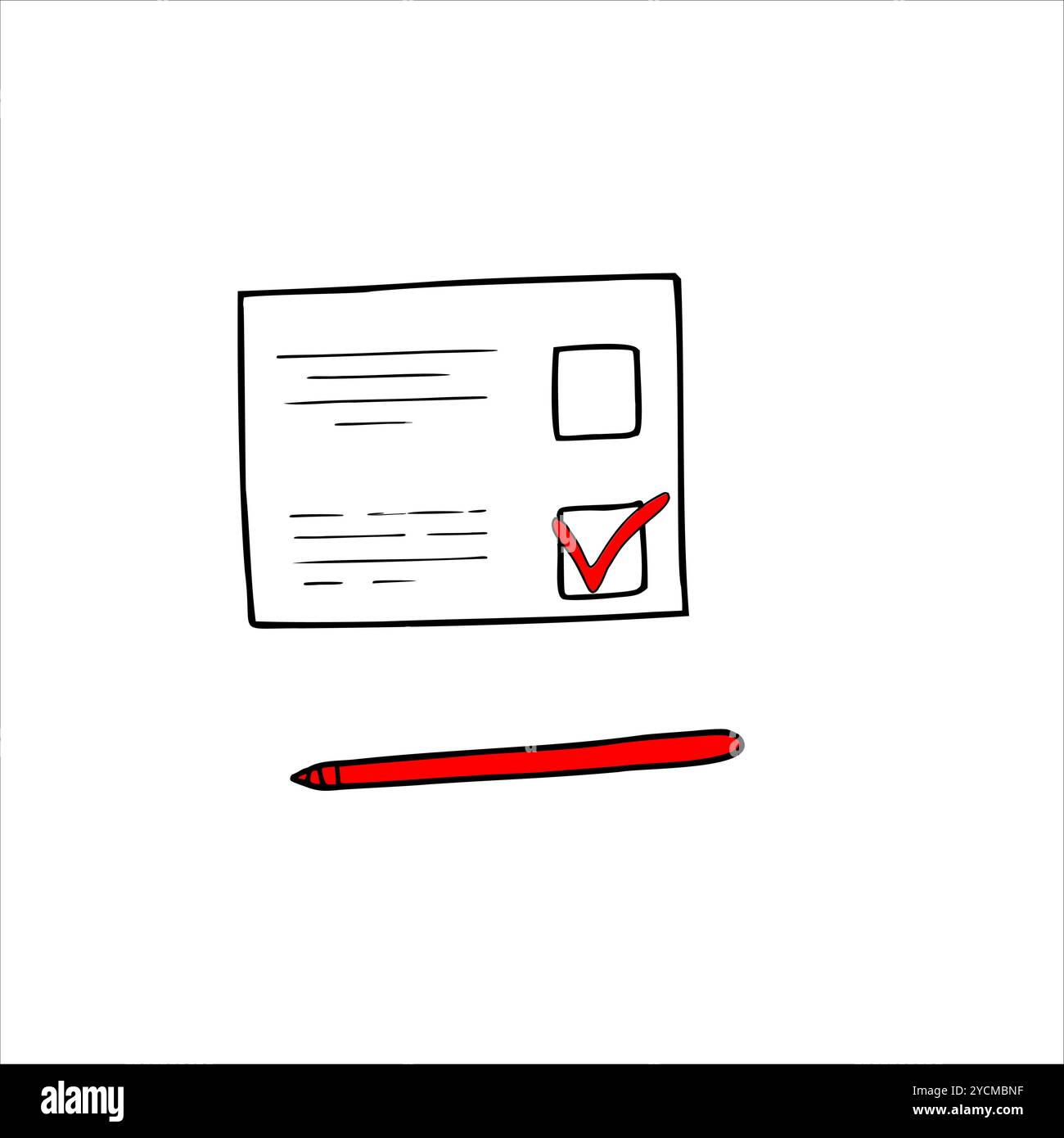 Papierbogen mit rotem Häkchen und Markierungsvektorskizze in Schwarzweiß-Grafik. Checkliste durchführen oder handgezeichnete Illustration planen. Stock Vektor