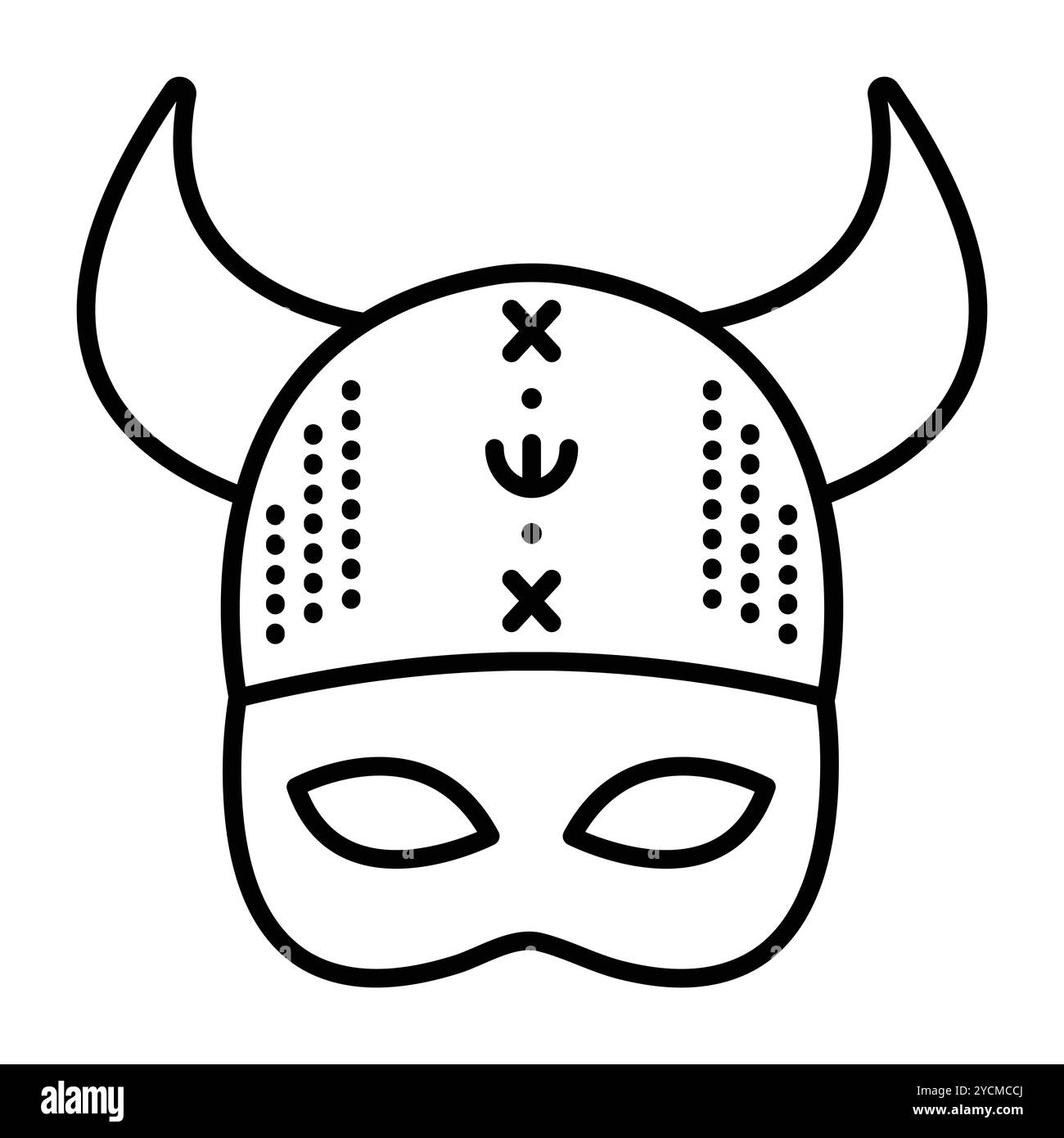 Wikinger Maskerade Maske mit Hut und Hörnern, skandinavisches Kostümteil, einzelne Vektor schwarze Linie Icon Stock Vektor