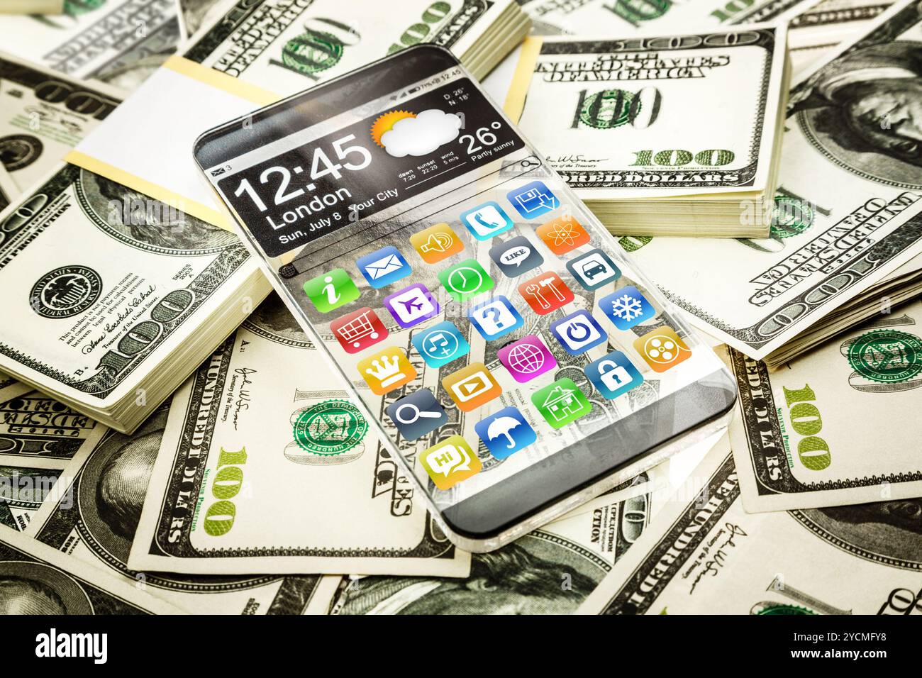 Futuristisches Smartphone mit transparentem Display. Stockfoto