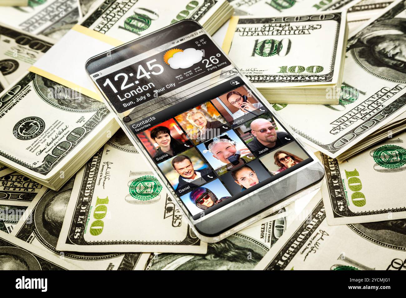 Futuristisches Smartphone mit transparentem Display. Stockfoto