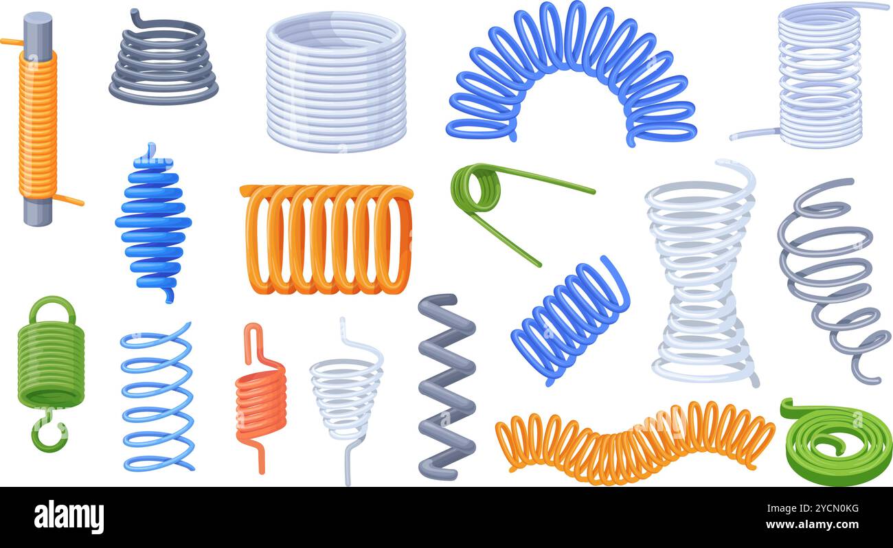 Metallfedern in Zeichentrickfilm. Slinky Spule Spiralstahldraht oder Druckfeder für Stoßsprung, Kurve flexible Drehschnur Automobilaufhängung federnder Kabelsatz, saubere Vektorillustration Original Artwork Stock Vektor