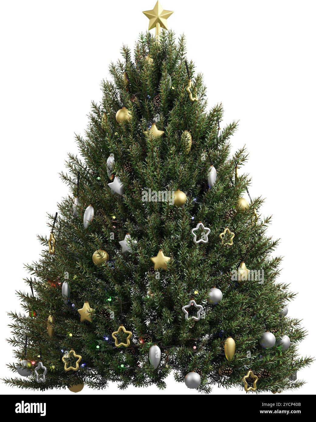 Großer Weihnachtsbaum mit verschiedenen Dekorationen Stockfoto