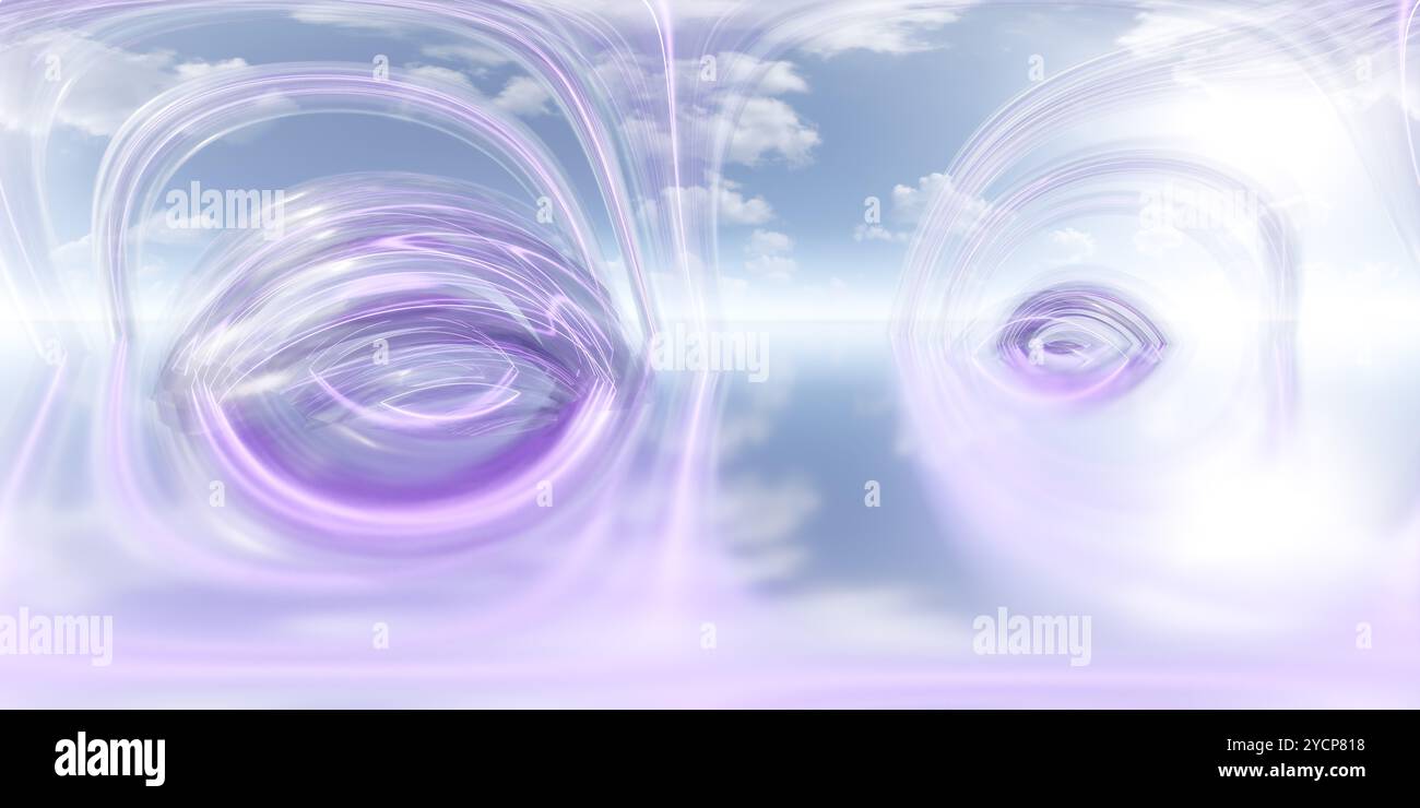 360-Grad-Panorama der ätherischen Wirbel in violettem und blauem Himmel Stockfoto