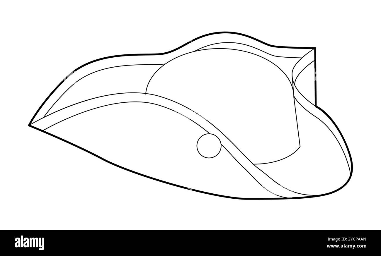 Tricorne-Hut. Kopf Mode Accessoire Kappe mit breiter Krempe Kleidung technische Illustration. Vektor-Kopfbedeckung für Männer, Frauen, Unisex-Stil, flache Vorlage CAD-Modell Skizze Umriss isoliert Stock Vektor