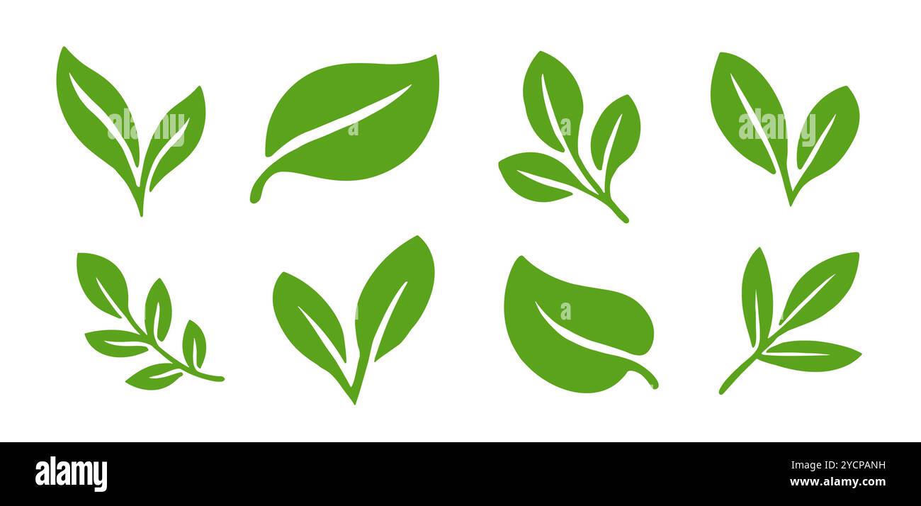 Symbolsatz „ECO Leaf“. Grün hinterlässt flache Formen. Gesunde Lebensmittel, Bio, vegan, Bio Produkt Konzept Design Stock Vektor