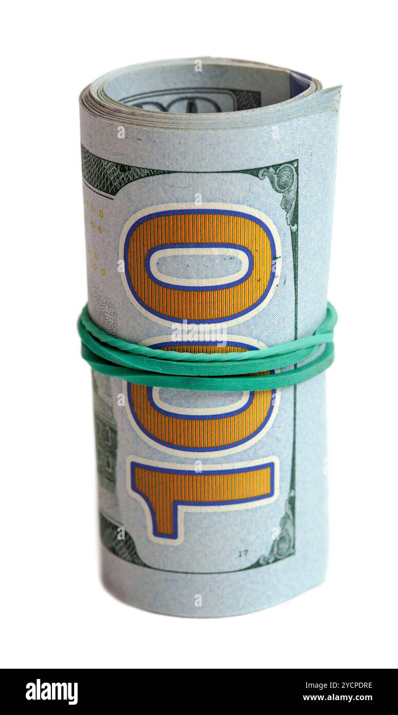 Rolle des US-Dollars, umhüllt von Kautschuk isoliert auf weißem Hintergrund Stockfoto