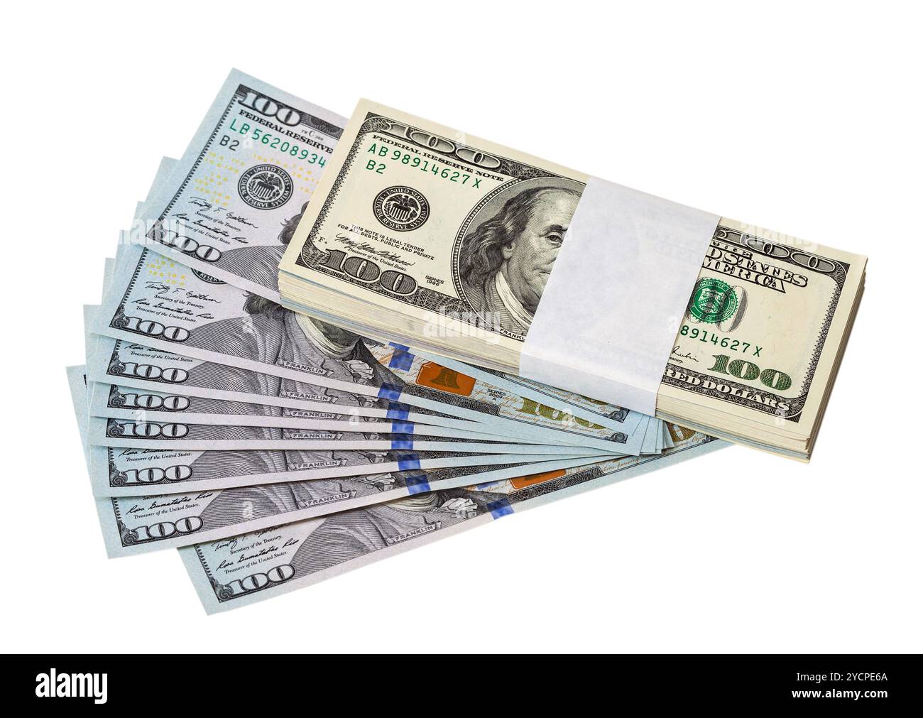 Haufen von hundert-Dollar-Scheine isoliert auf weißem Hintergrund Stockfoto