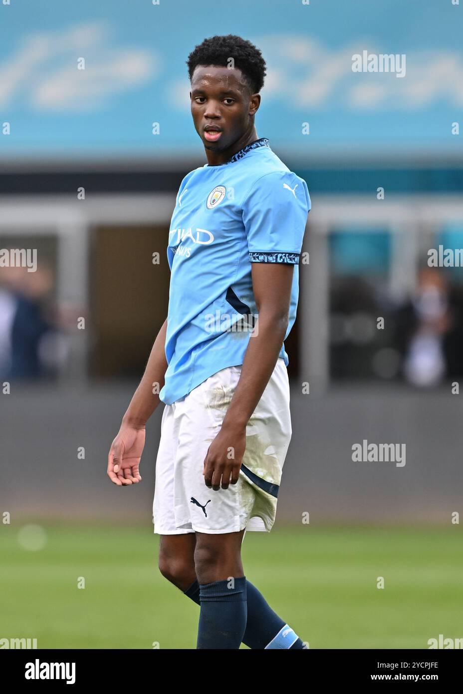 Justin Oboavwoduo von Manchester City während des UEFA Youth League-Spiels Manchester City gegen Sparta Prag im Joie Stadium, Manchester, Großbritannien, 24. Oktober 2024 (Foto: Cody Froggatt/News Images) Stockfoto