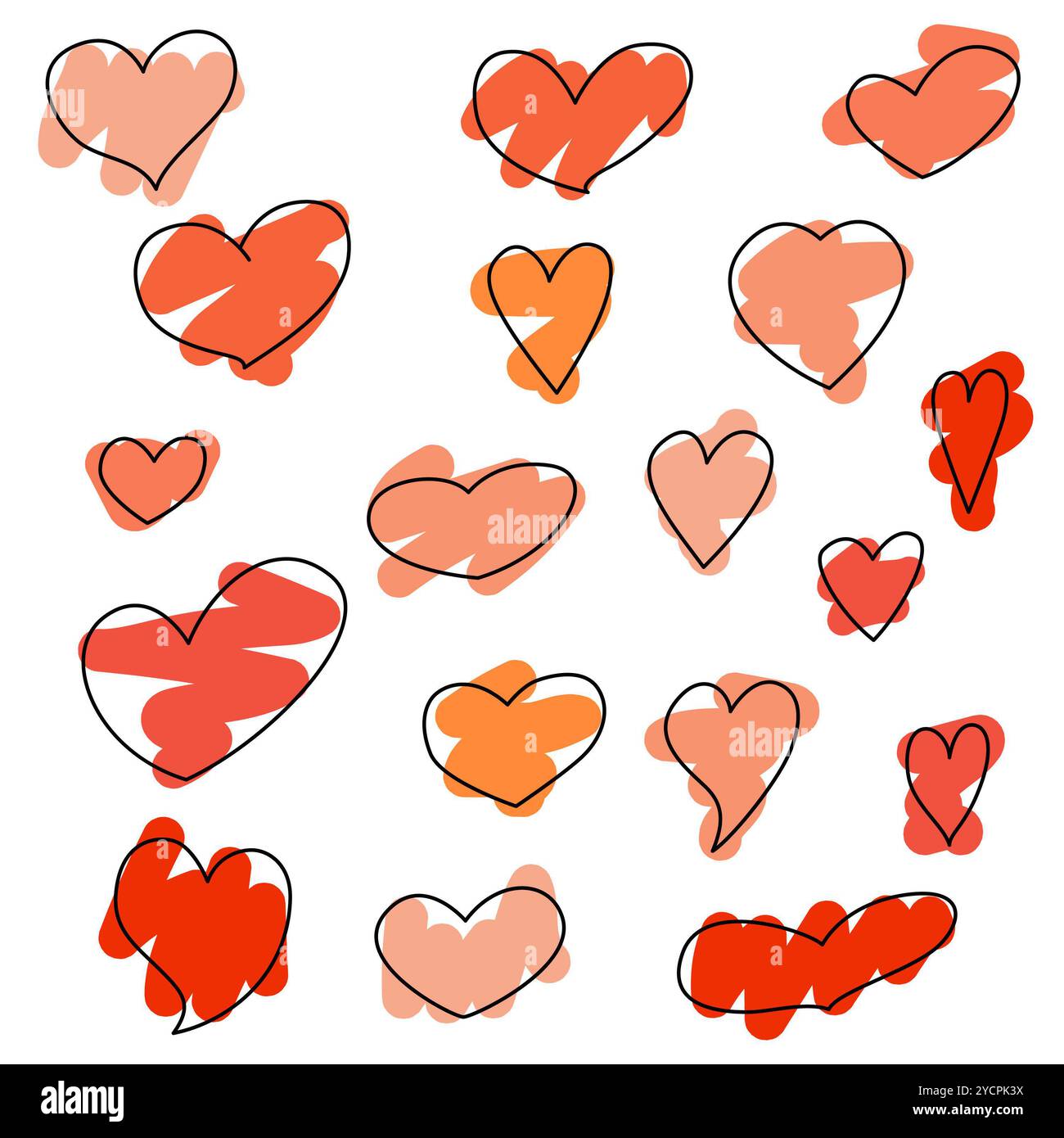 Doodle Heart Icons Set. Sammlung verschiedener farbenfroher Elemente auf weißem Hintergrund, verschiedene einfache, flache Formen. Liebe Valentine Stockfoto
