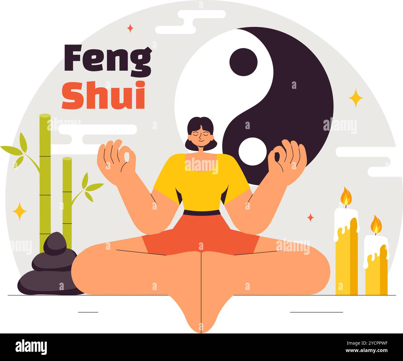Feng Shui Orientalische Philosophie Vektor-Illustration mit Steinen und Pflanzen für die positive Energie der fünf Elemente und die Balance von Yin Yang Stock Vektor