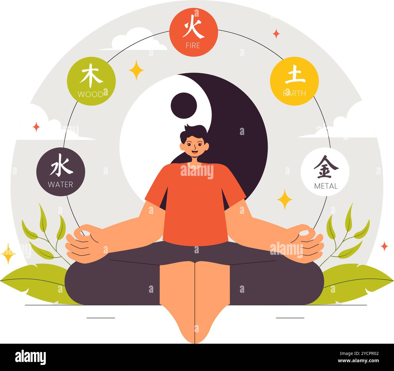 Feng Shui Orientalische Philosophie Vektor-Illustration mit Steinen und Pflanzen für die positive Energie der fünf Elemente und die Balance von Yin Yang Stock Vektor