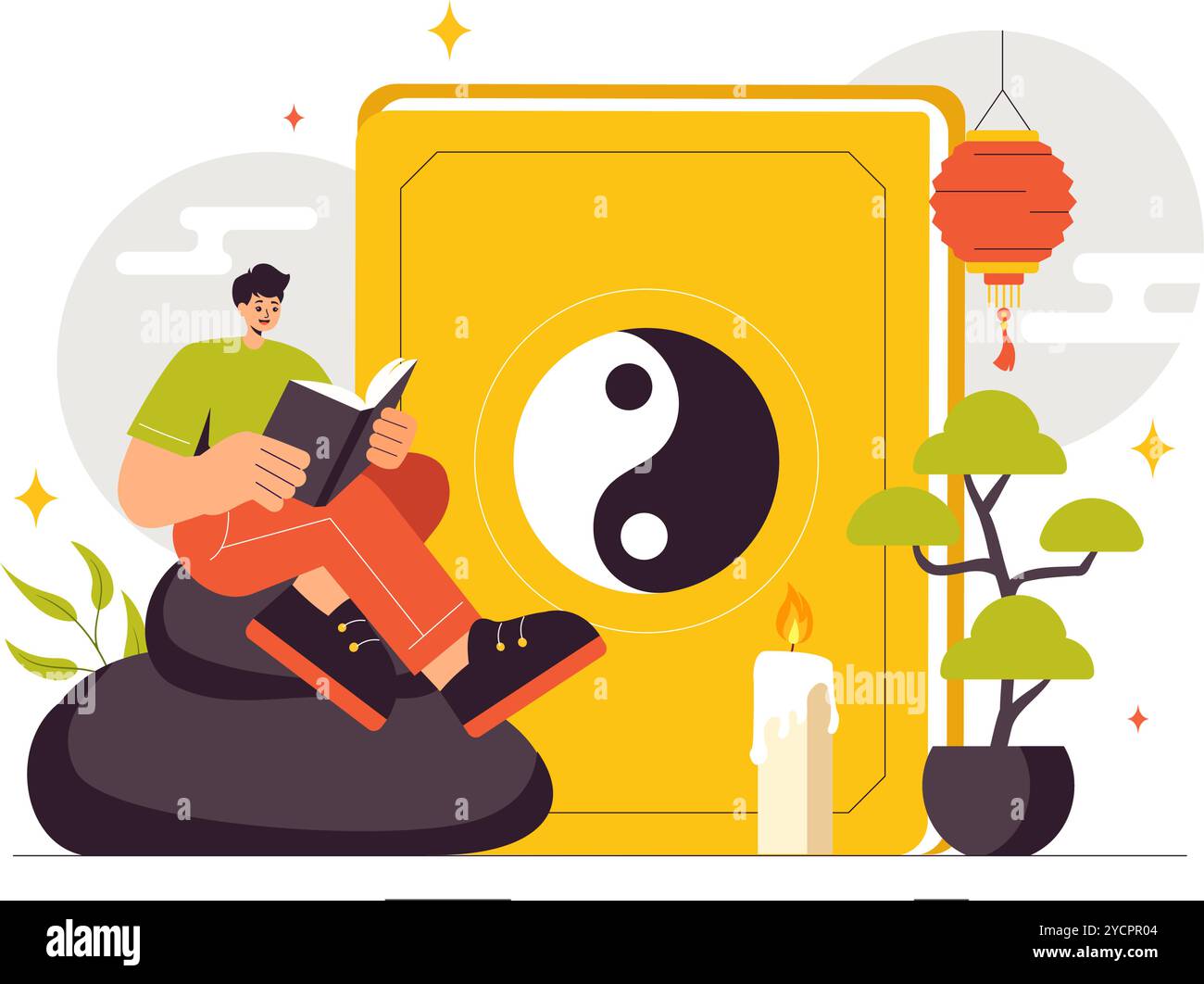 Feng Shui Orientalische Philosophie Vektor-Illustration mit Steinen und Pflanzen für die positive Energie der fünf Elemente und die Balance von Yin Yang Stock Vektor