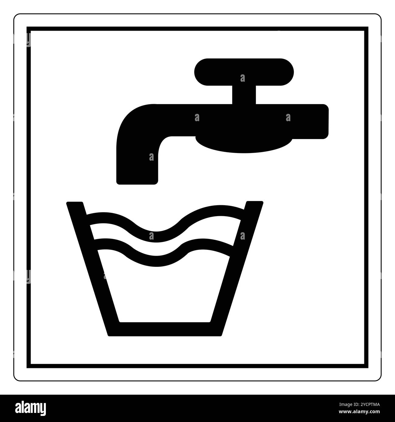 Einfaches schwarz-weißes Symbol eines Wasserhahns, der in einen Behälter fließt, symbolisiert Zugang zu sauberem Wasser und Sensibilisierung für die öffentliche Gesundheit initiat Stock Vektor