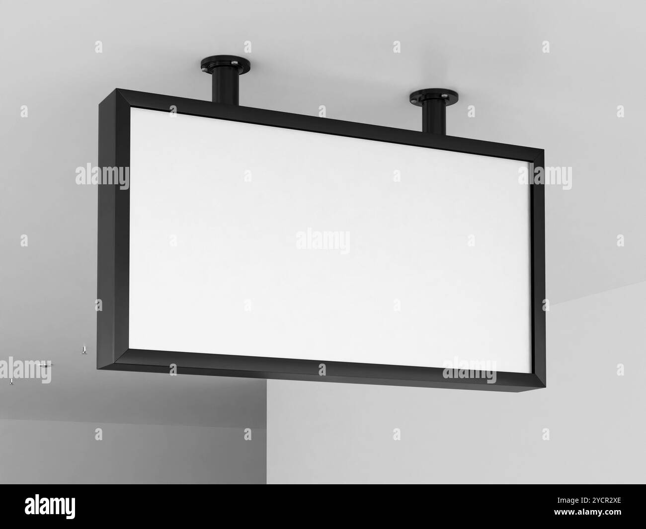 Realistisches leeres weißes hängendes Schild Landscape Mockup 3D Stockfoto