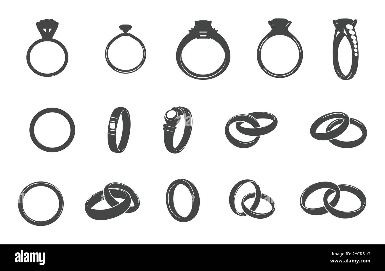 Ehering SVG, Ehering Silhouette, Diamant Ring SVG, Diamant Ring Silhouette, Goldring SVG, goldene Ring Silhouette, Eheringe Vektor Set. Stock Vektor