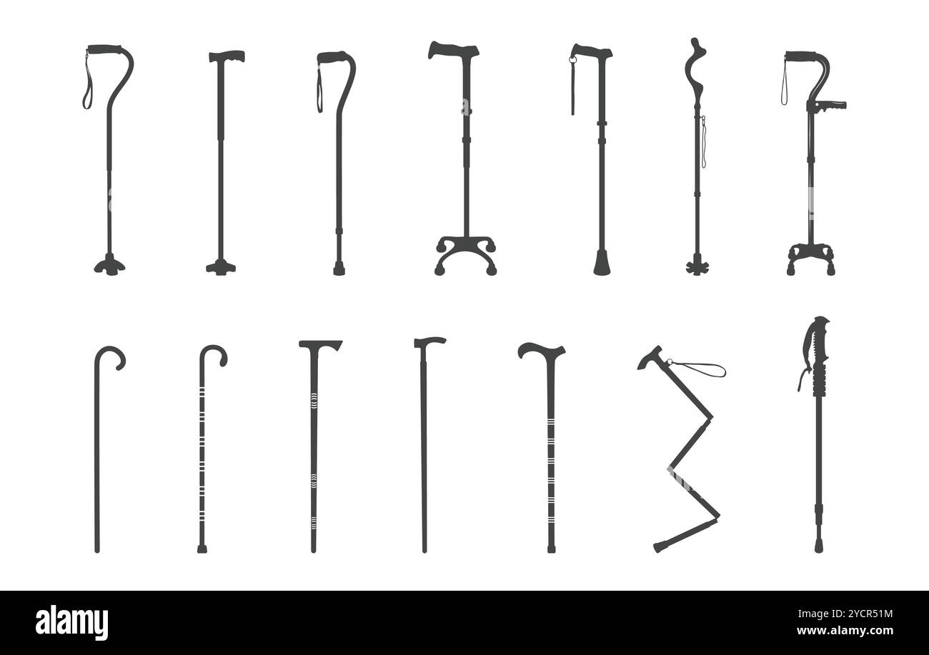 Gehstöcke Silhouette, Stöcke Silhouette, Gehstöcke Silhouette, Gehstöcke Zeichensatz Stock Vektor