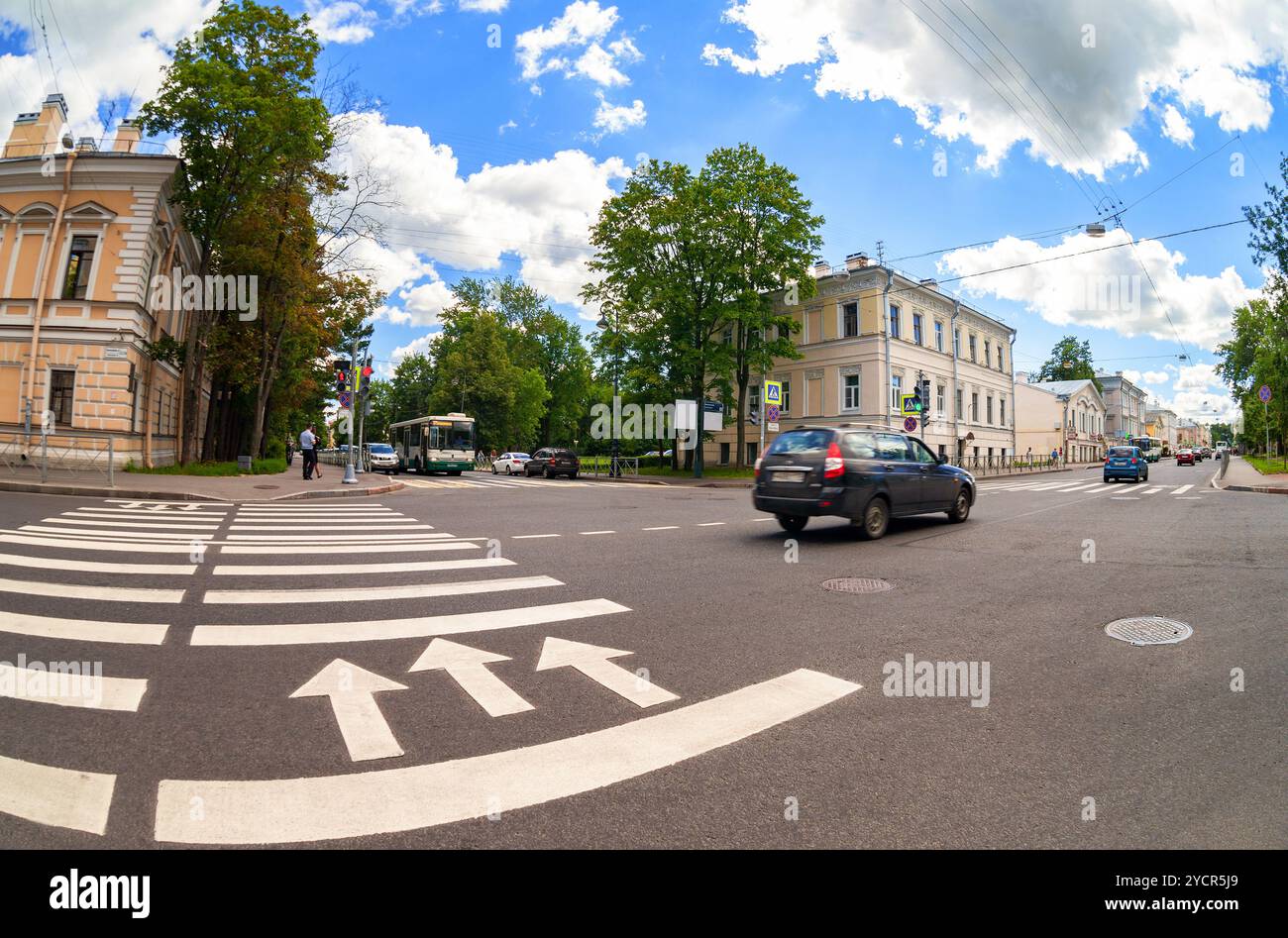 Zebraüberquerung mit weißen Markierungslinien und Bewegungsrichtung auf Asphalt an der Stadtstraße in Puschkin, Russland Stockfoto