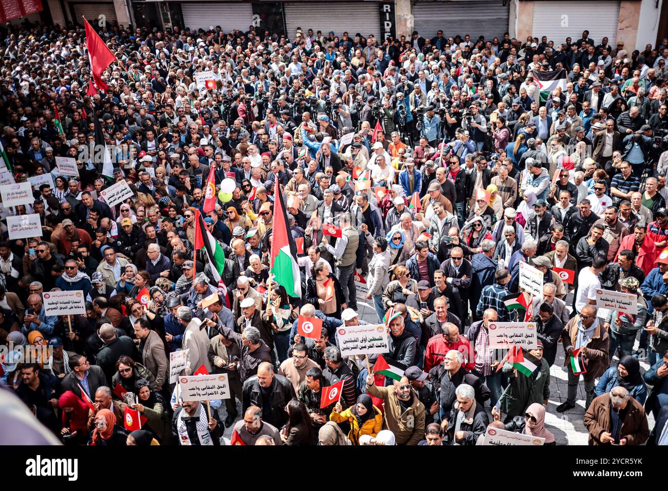 Tunis, Tunesien. Mai 2024. In Tunis findet eine große Kundgebung zum Internationalen Tag der Arbeiter statt, aber auch zum palästinensischen Widerstand während des verheerenden Krieges gegen Gaza. Mehrere palästinensische Flaggen wurden während der Veranstaltung gewunken, neben der tunesischen Flagge und den UGTT-Flaggen. Der Generalsekretär der tunesischen Gewerkschaft (UGTT) Noureddine Taboubi hielt während der Veranstaltung eine Rede vom UGTT-Hauptquartier Stockfoto