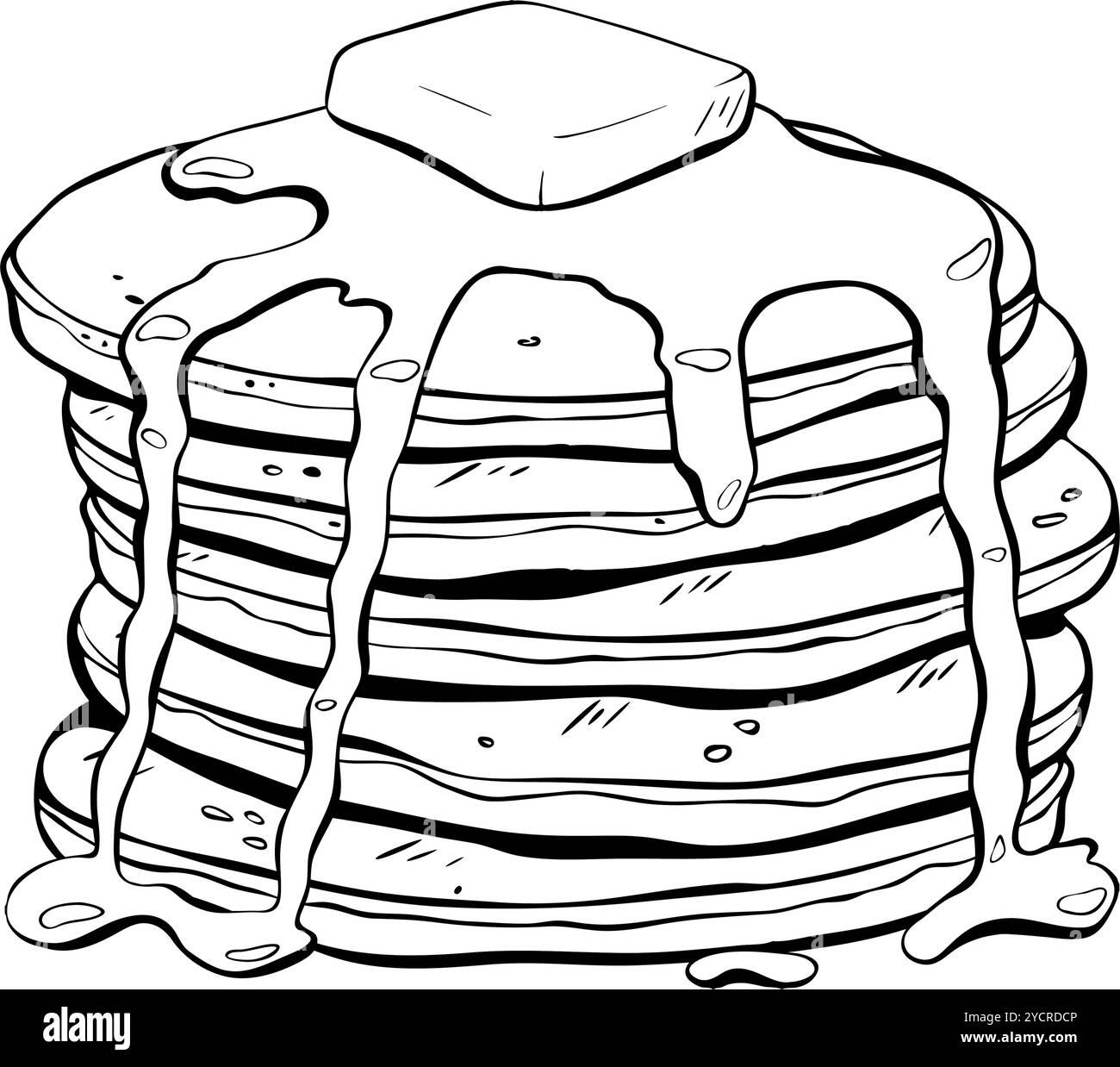Ein köstlicher Stack flauschiger Pfannkuchen, großzügig mit Butter und Ahornsirup belegt. Abbildung der Vektorskizze. Stock Vektor