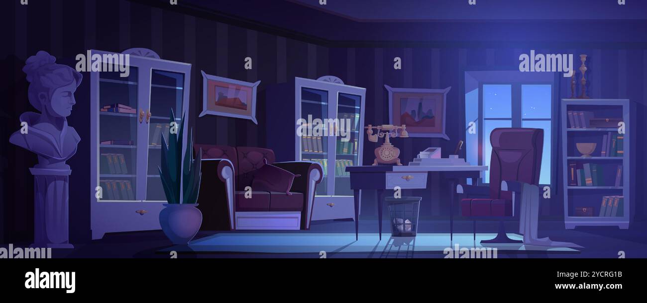 Cartoon gemütliche dunkle Nachtbüroeinrichtung mit weichem Sofa und Stuhl, Holzschreibtisch mit Vintage-Telefon, Bücherregalen gefüllt mit Büchern, Büstenskulptur und Pflanze im Topf, große Fenster offenbaren den Nachthimmel. Stock Vektor