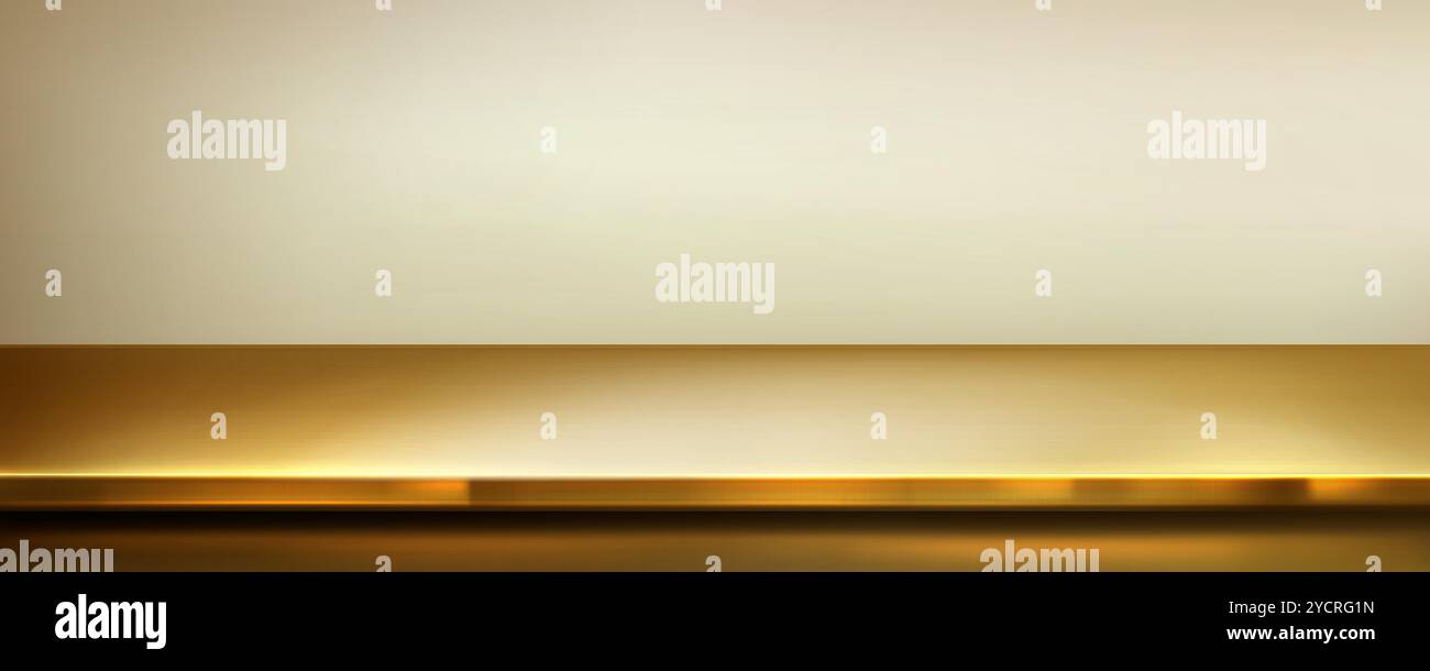 Elegante, goldglänzende Küchenoberfläche mit Metallic-Textur, weichen Reflexen und Schatten. Realistische 3D-Vektor-Illustration von goldfarbenen Metallarbeitsplatten oder Regalflächen in limbo-ähnlicher Einstellung. Stock Vektor
