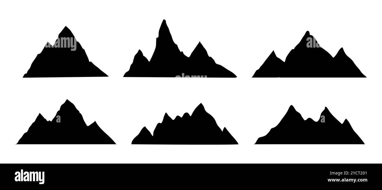 Bergrücken, schneebedeckte Gipfel, umgeben von wilder Natur. Handgezeichnetes Querformat, Kartenlinienkontur. Felsengebirge Landschaftsdesign, Ikone. Vektorabbildung Stock Vektor